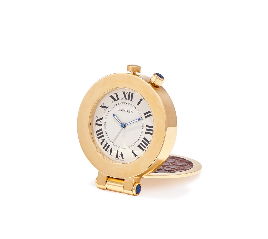 Y CARTIER, REF. 2753, A GILT METAL AND CROCODILE TRAVEL ALARM CLOCK (1 of 4)