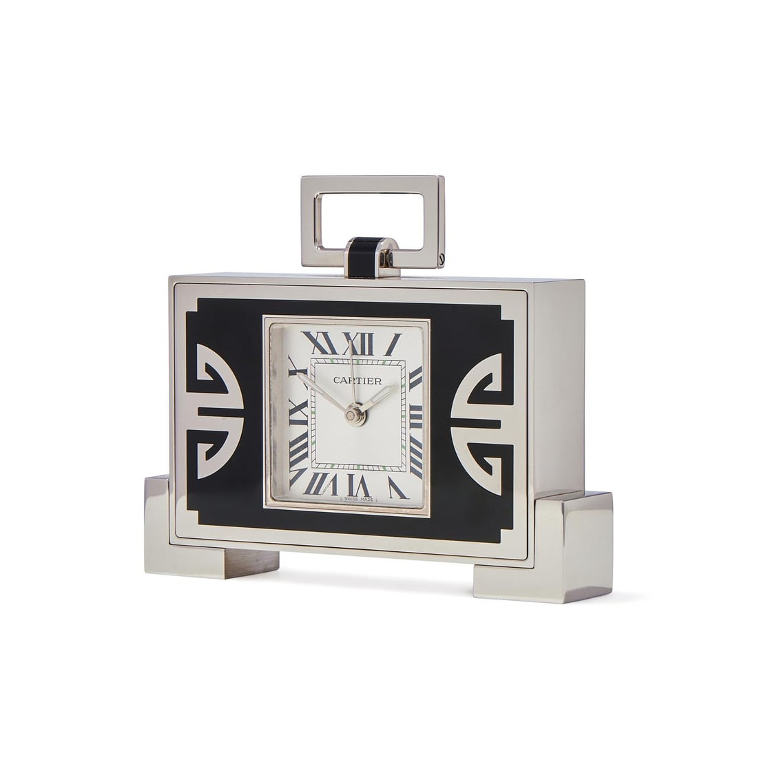 CARTIER, REF. 2749, A STAINLESS STEEL AND ENAMEL DESK ALARM CLOCK (1 of 2)