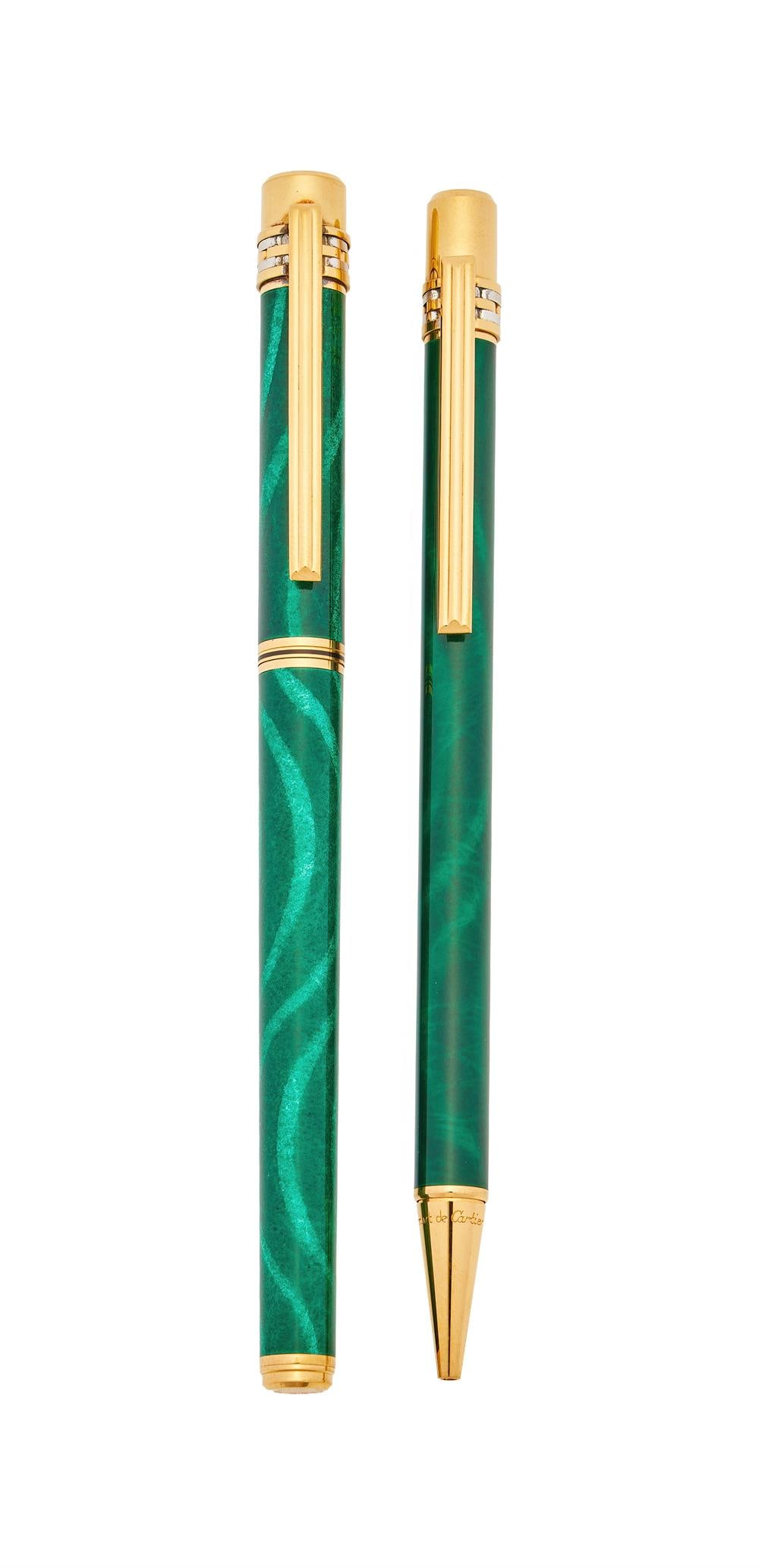 CARTIER, MUST DE CARTIER, TRINITY, A MALACHITE LACQUER FOUNTAIN PEN AND BALLPOINT (1 of 3)