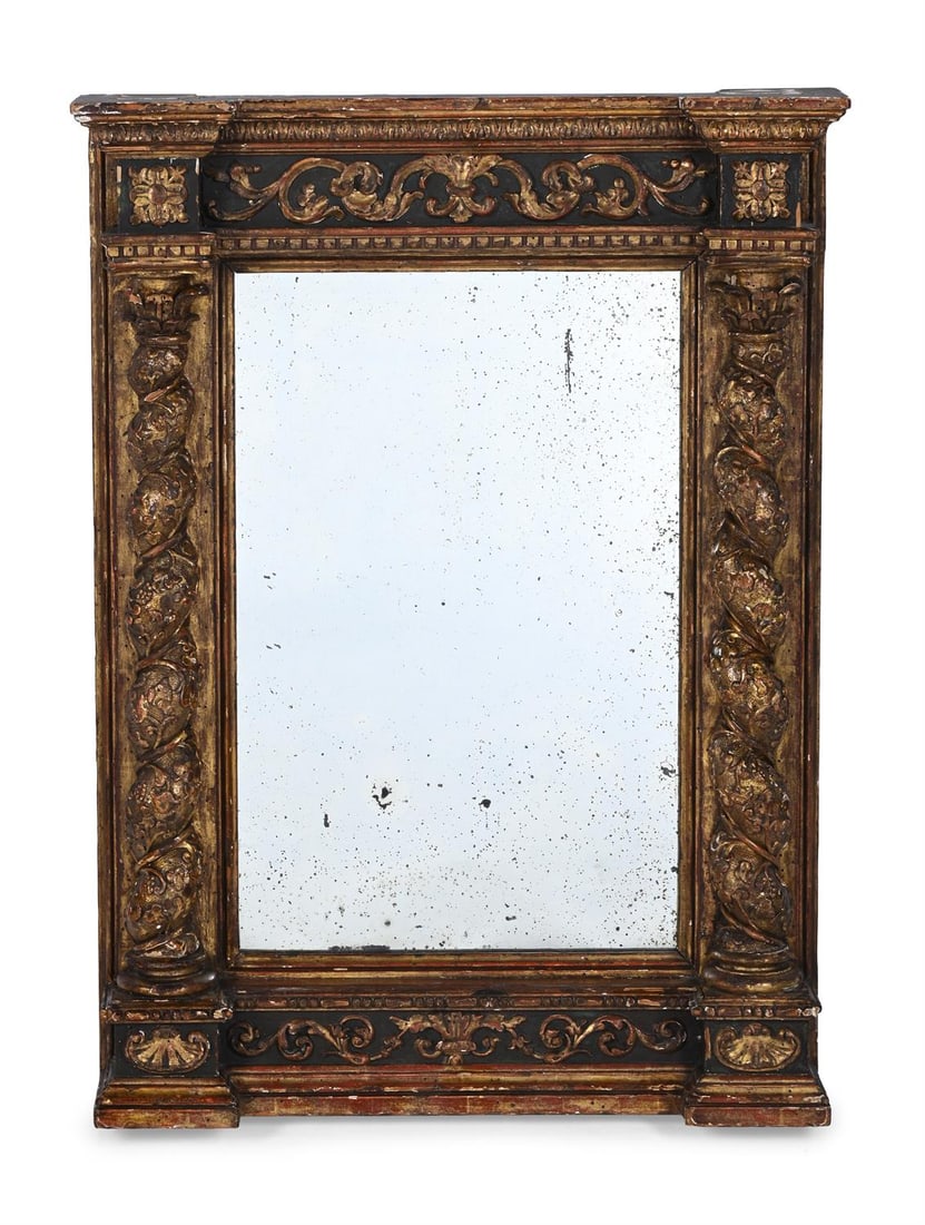 AN ITALIAN CARVED GILTWOOD AND GREEN PAINTED MIRROR, FIRST HALF 18TH CENTURY (1 of 2)