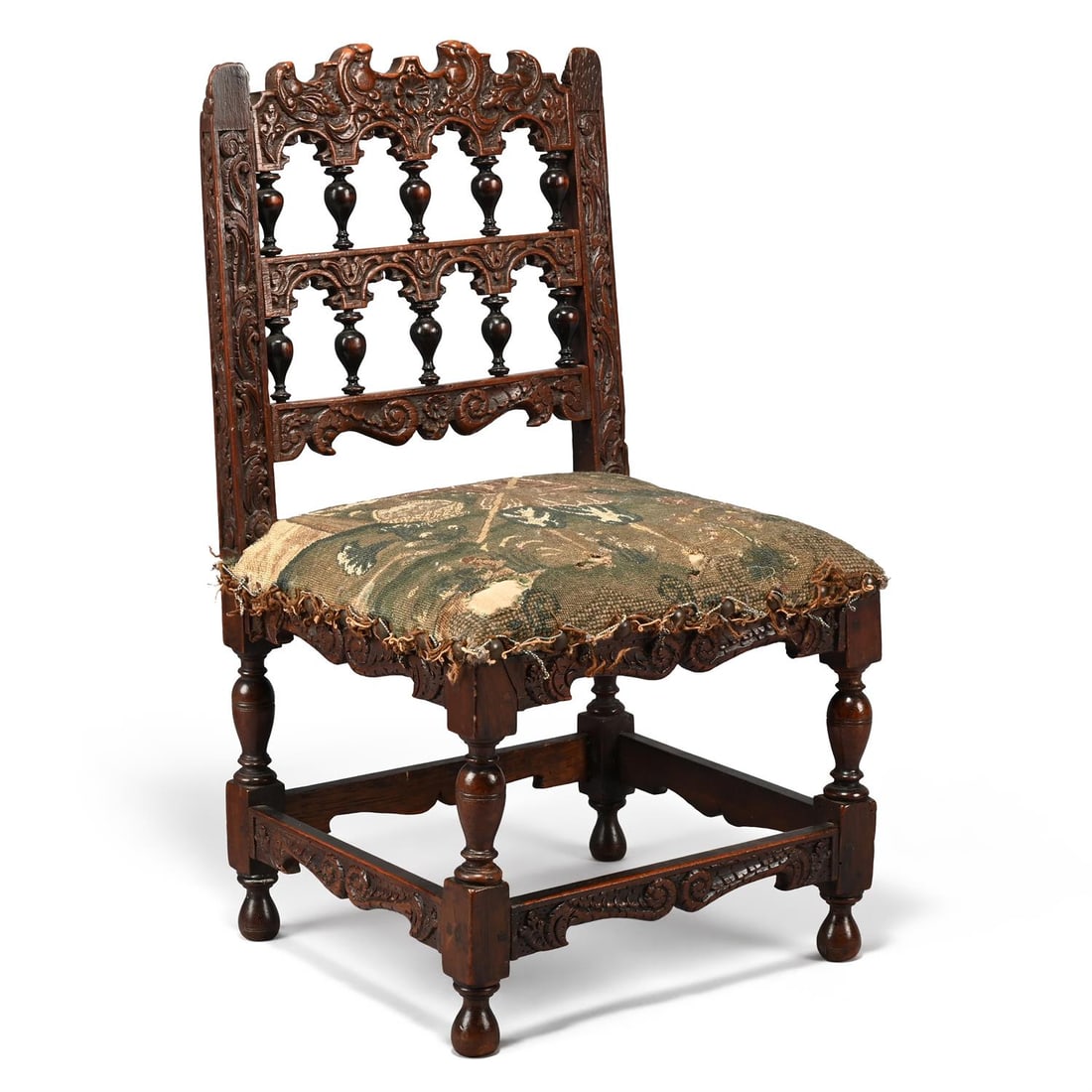 A DUTCH CARVED WALNUT AND EBONISED MINIATURE CHAIR, CIRCA 1680 (1 of 5)