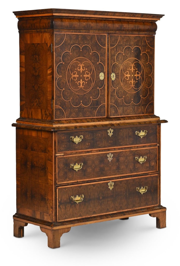 OF ROYAL PROVENANCE, A FINE QUEEN ANNE OLIVEWOOD OYSTER, HOLLY AND WALNUT CABINET ON CHEST (1 of 5)