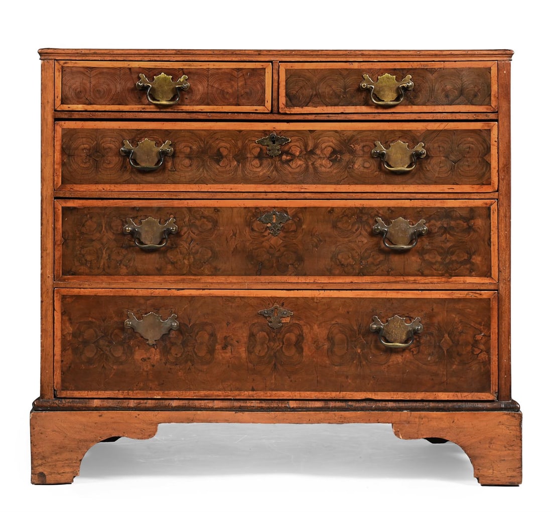 AN OLIVEWOOD OYSTER VENEERED CHEST OF DRAWERS, CIRCA 1690 AND LATER (1 of 3)