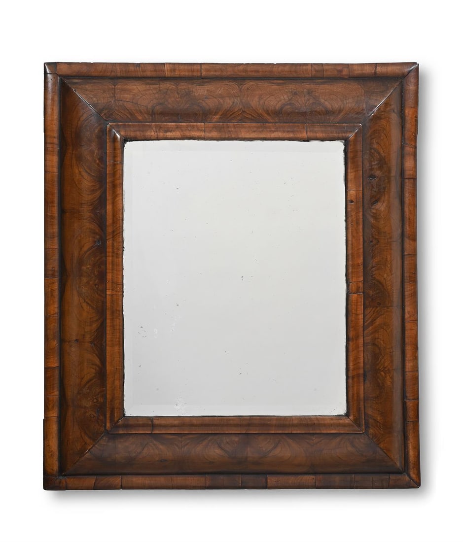 A WILLIAM & MARY OLIVEWOOD OYSTER VENEERED CUSHION FRAMED MIRROR, CIRCA 1690 (1 of 3)