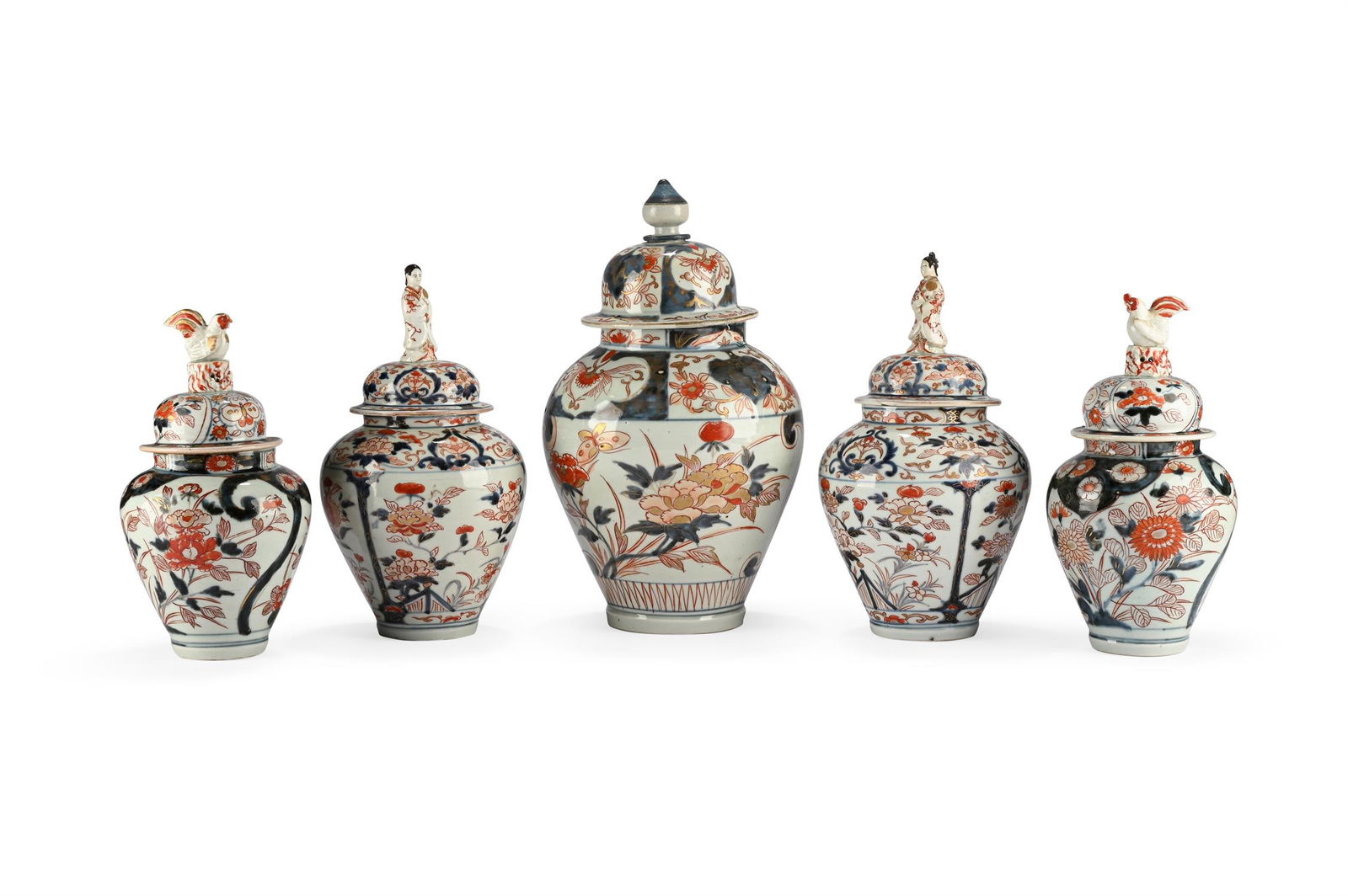 A MATCHED GARNITURE OF FIVE IMARI VASES AND COVERS, EDO PERIOD, 18TH AND 19TH CENTURY (1 of 4)