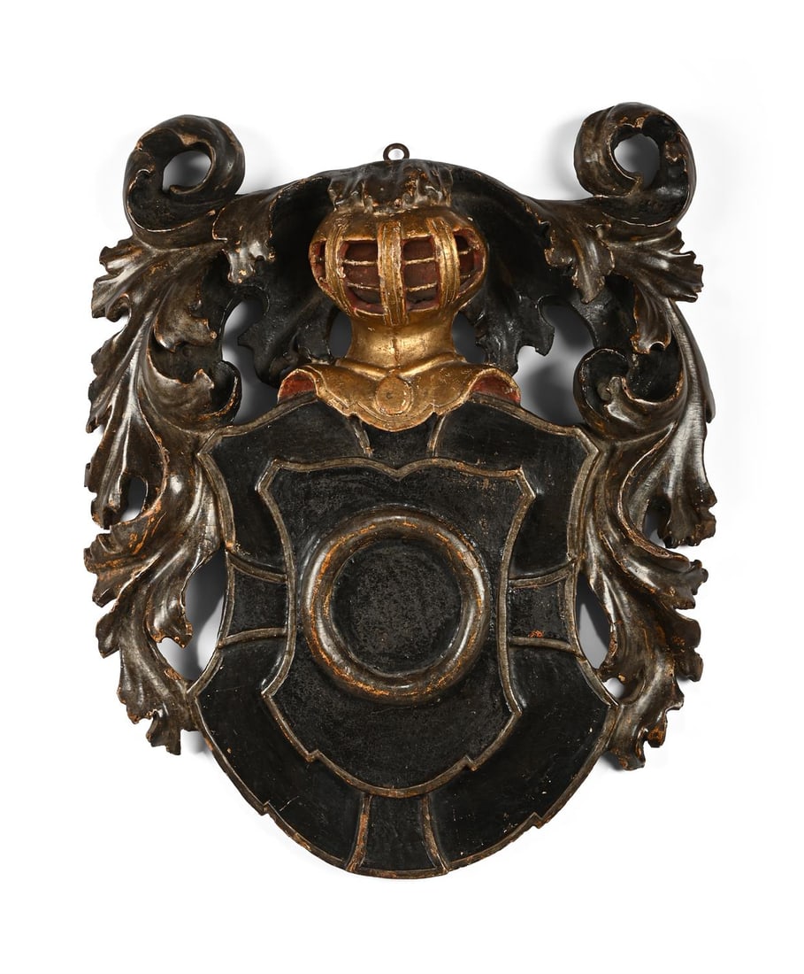 AN ITALIAN POLYCHROME PAINTED AND PARCEL GILT COAT OF ARMS, 18TH CENTURY (1 of 3)