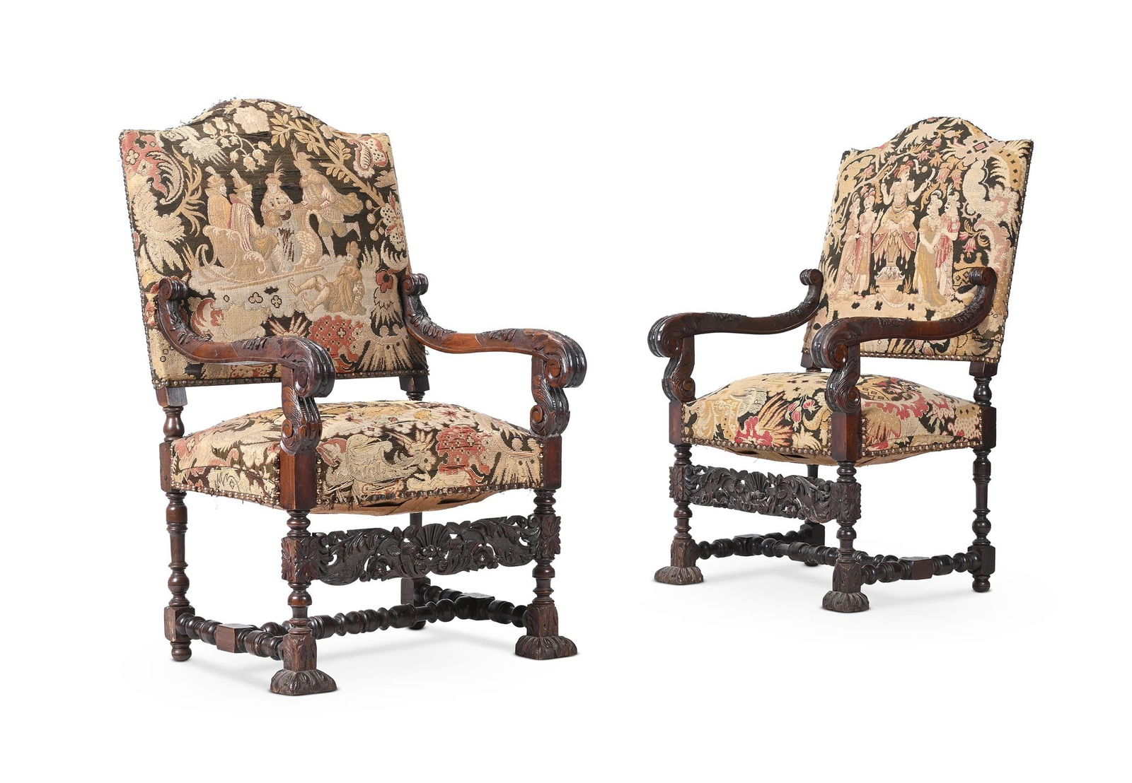 A PAIR OF LOUIS XIV CARVED WALNUT AND NEEDLEWORK UPHOLSTERED ARMCHAIRS (1 of 4)