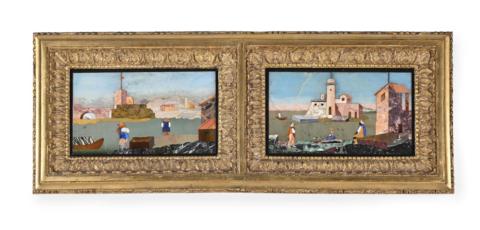 ‡ A PAIR OF ITALIAN PIETRA DURE PANELS, FLORENCE, LATE 18TH OR EARLY 19TH CENTURY: ‡ A PAIR OF ITALIAN PIETRA DURE PANELS FLORENCE, LATE 18TH OR EARLY 19TH CENTURY Depicting views with figures, in specimens including Verde Antico, Lapis Lazuli, Pietra dell'Arno and Jasper, now