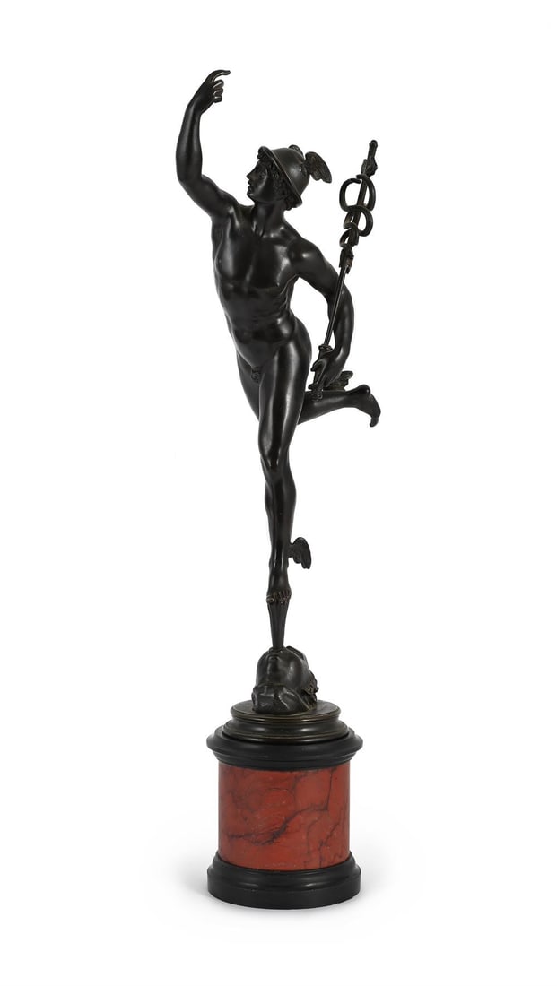 AFTER GIAMBOLOGNA, A BRONZE FIGURE OF MERCURY, CAST BY NELL FOUNDRY ROME, LATE 19TH CENTURY: AFTER GIAMBOLOGNA, A BRONZE FIGURE OF MERCURY CAST BY NELLI FOUNDRY ROME, LATE 19TH CENTURY Set on a cylindrical red and black marble base, foundry mark Nelli Roma 69cm high overall, the base 13cm dia
