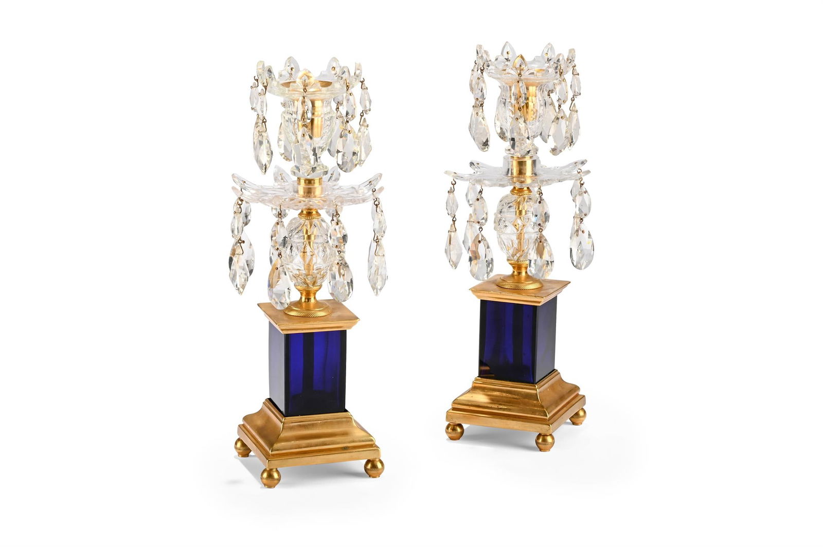 A PAIR OF GEORGE III GILT BRONZE, CUT CLEAR AND BLUE GLASS CANDLESTICKS, CIRCA 1800 (1 of 3)