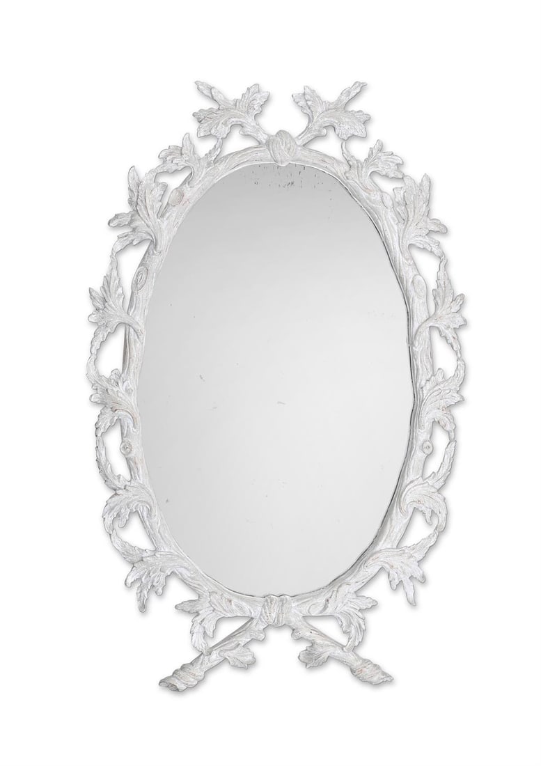 A LARGE CARVED OAK AND GESSO PAINTED MIRROR, AFTER DESIGNS BY JOHN LINNELL (1 of 3)