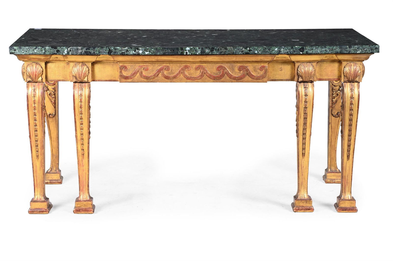 A CARVED GILTWOOD AND SERPENTINE MARBLE TOPPED CONSOLE TABLE, AFTER DESIGNS BY THOMAS CHIPPENDALE (1 of 5)