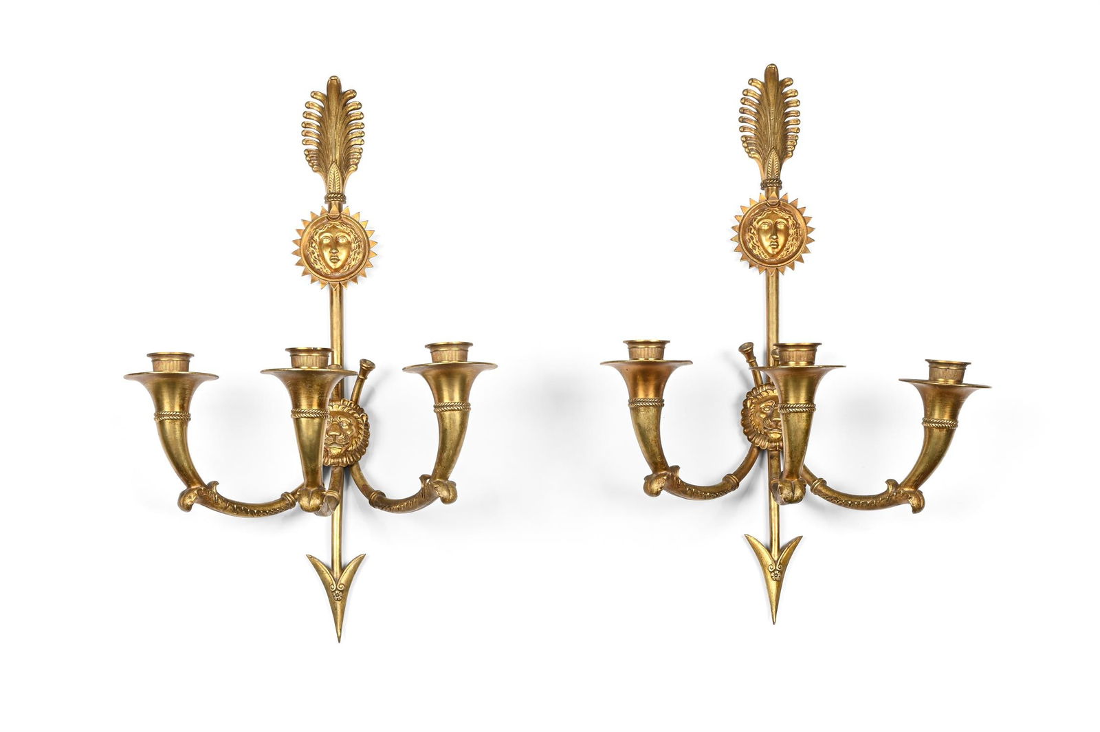 A PAIR OF FRENCH GILT METAL THREE BRANCH WALL LIGHTS, LATE 19TH OR EARLY 20TH CENTURY (1 of 3)