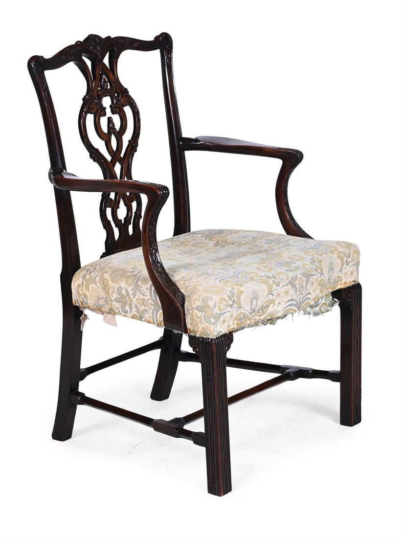 A CARVED MAHOGANY ARMCHAIR, IN GEORGE III STYLE, IN THE MANNER OF THOMAS CHIPPENDALE, 19TH CENTURY (1 of 4)