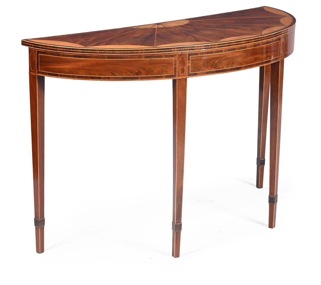 A GEORGE III MAHOGANY AND SATINWOOD MARQUETRY CONSOLE TABLE, IN THE MANNER OF INCE & MAYHEW (1 of 3)