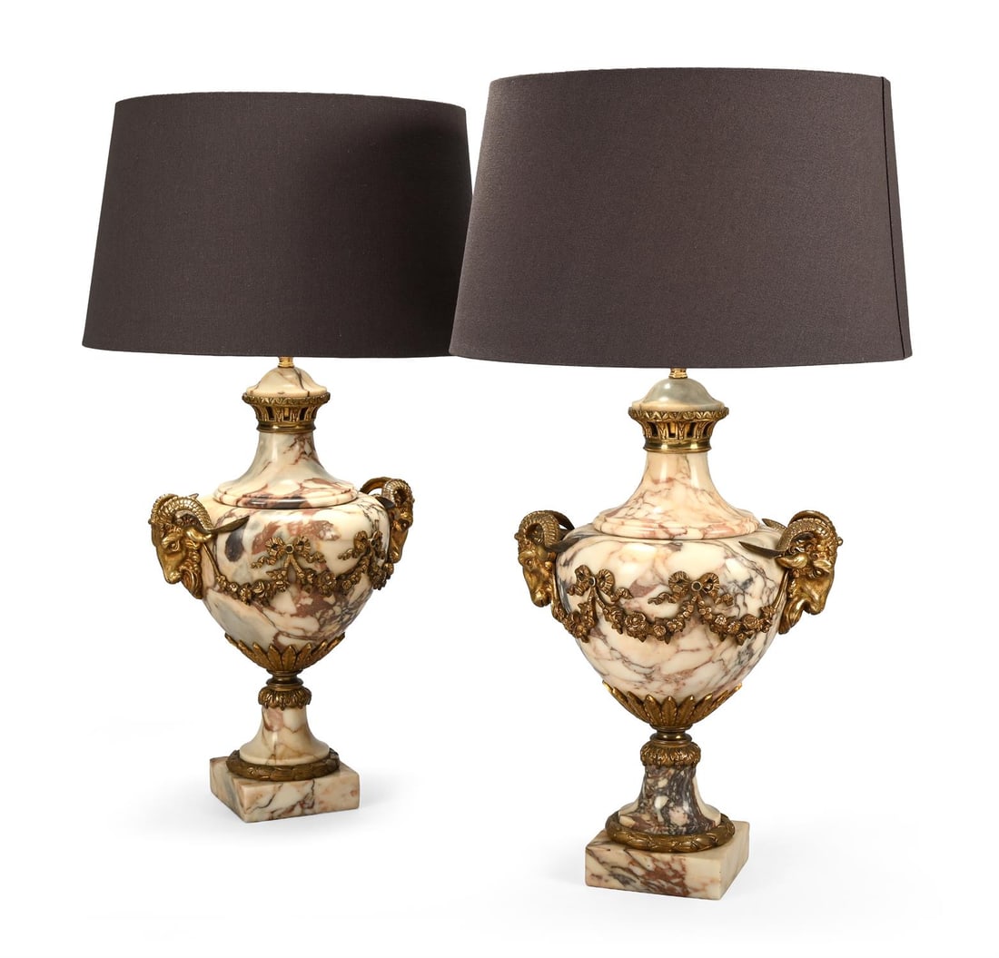 A PAIR OF VARIEGATED MARBLE AND GILT METAL MOUNTED URNS, 19TH CENTURY (1 of 3)