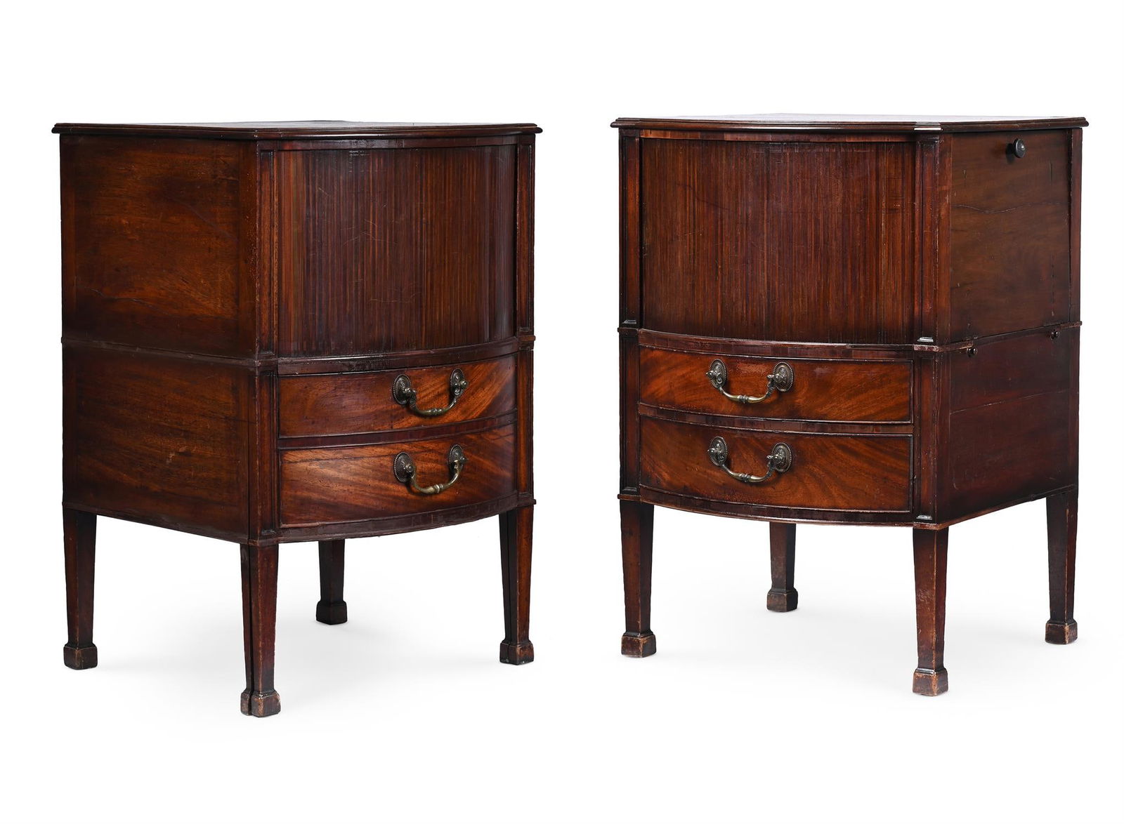 A PAIR OF GEORGE III MAHOGANY AND CROSSBANDED BOWFRONT BEDSIDE CUPBOARDS, CIRCA 1800 (1 of 6)