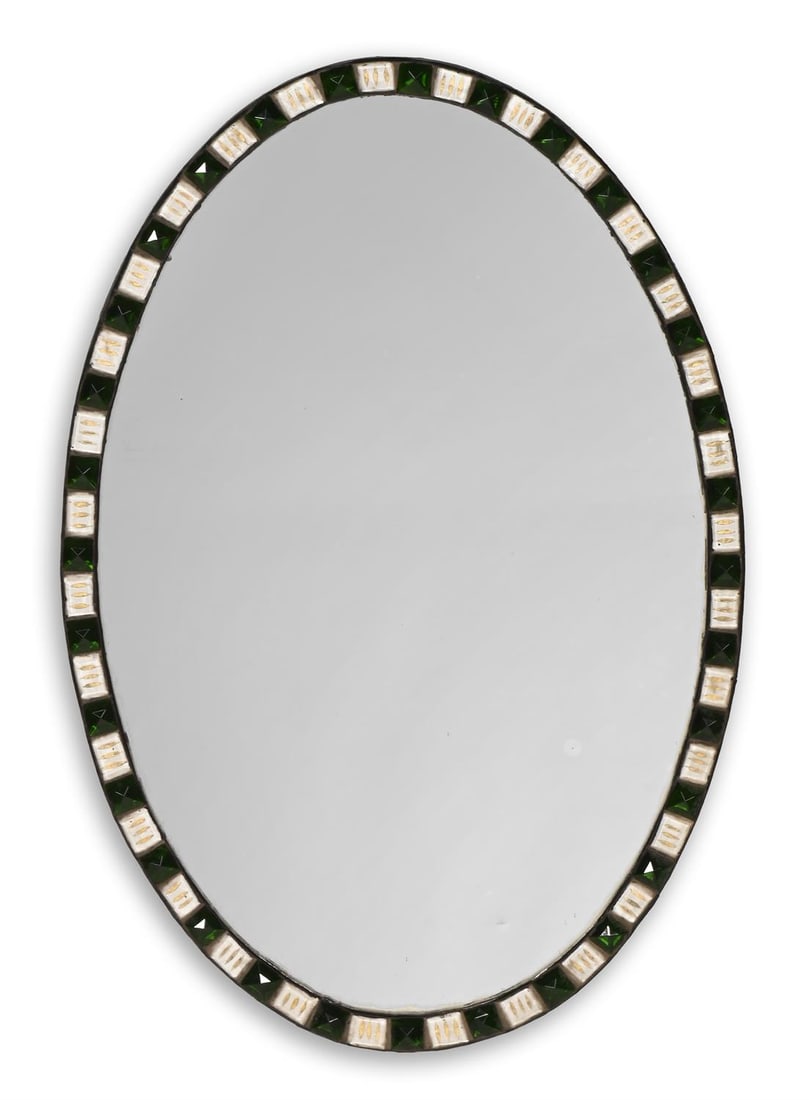 AN IRISH GREEN AND WHITE BEADED GLASS OVAL MIRROR, IN GEORGE III STYLE, 20TH CENTURY (1 of 2)