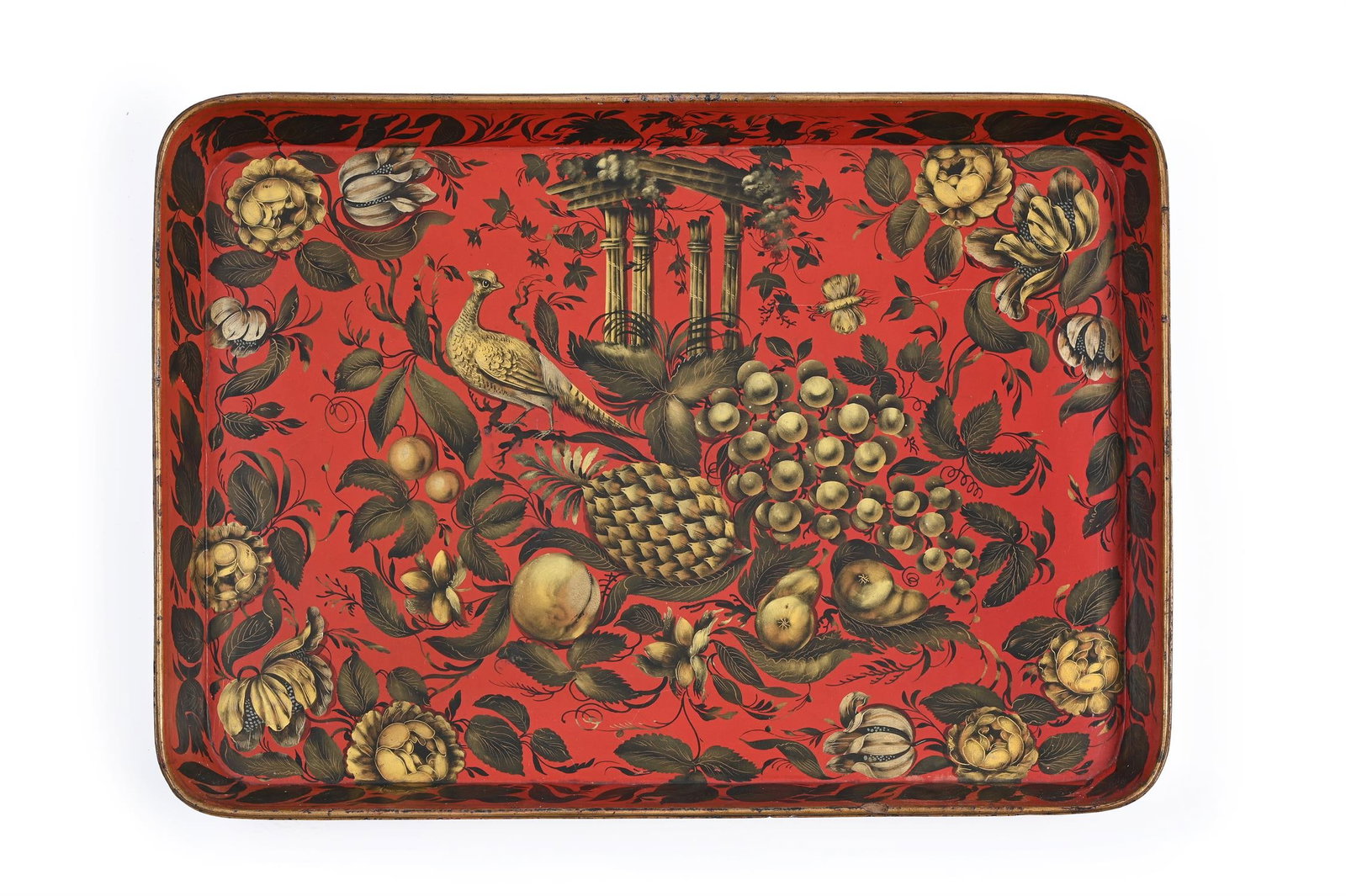 A REGENCY GILT AND RED JAPANNED TRAY, IN THE MANNER OF HENRY CLAY, EARLY 19TH CENTURY (1 of 3)