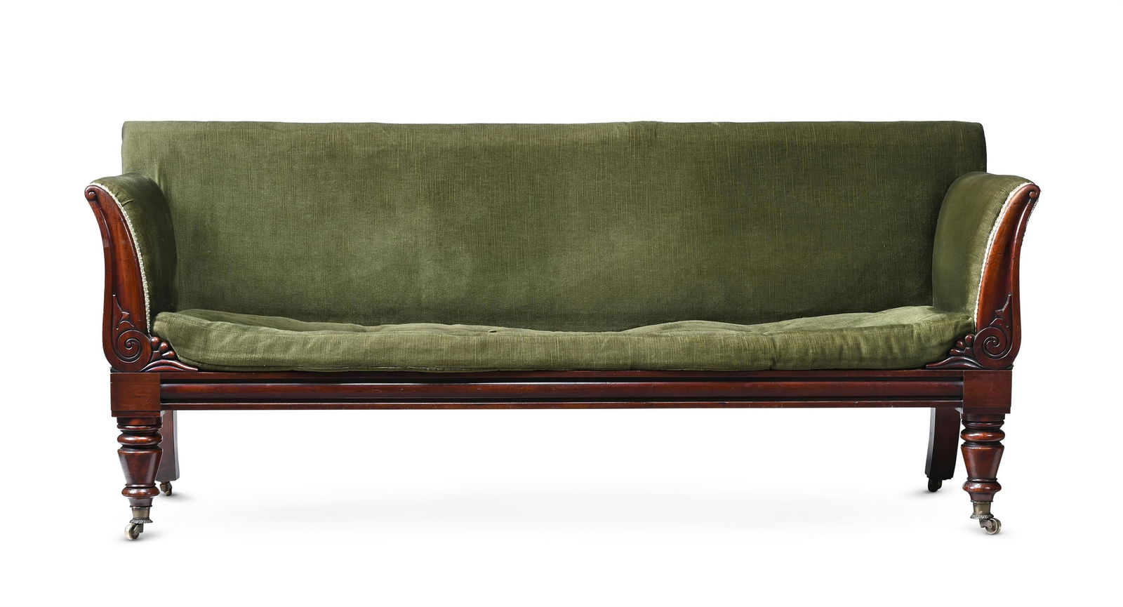 A GEORGE IV MAHOGANY AND UPHOLSTERED SOFA, CIRCA 1825 (1 of 3)