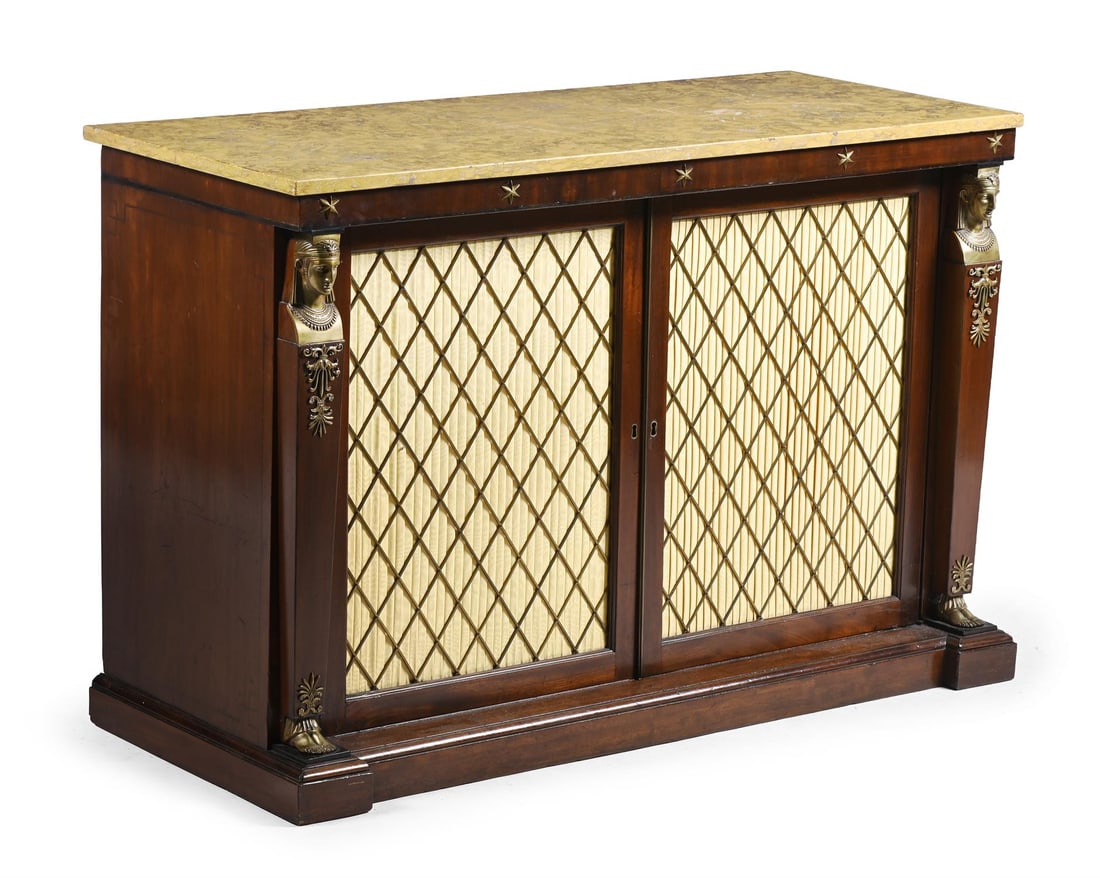 A REGENCY MAHOGANY, EBONISED AND BRASS MOUNTED SIDE CABINET, CIRCA 1815 (1 of 4)