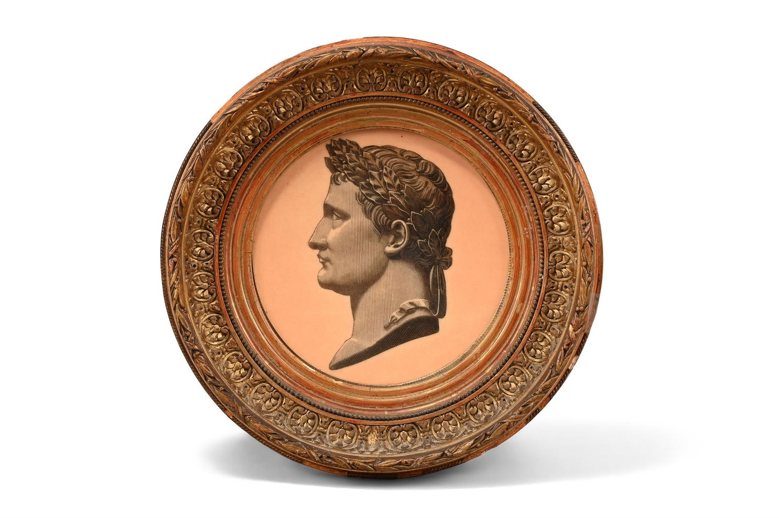 A FRAMED PORCELAIN ROUNDEL DEPICTING PROFILE OF NAPOLEON LAUREATE, 19TH CENTURY: A FRAMED PORCELAIN ROUNDEL DEPICTING PROFILE OF NAPOLEON LAUREATE 19TH CENTURY Printed profile within gilt trim border, in a gilt frame, spiral grove mounded reverse the frame 26cm diameter