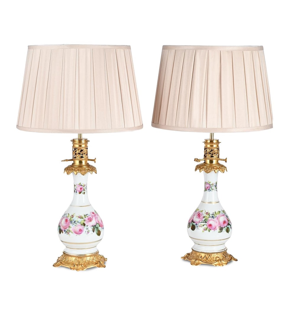 A PAIR OF VICTORIAN GILT METAL MOUNTED ROSE PAINTED CERAMIC LAMP BASES, MID 19TH CENTURY (1 of 4)