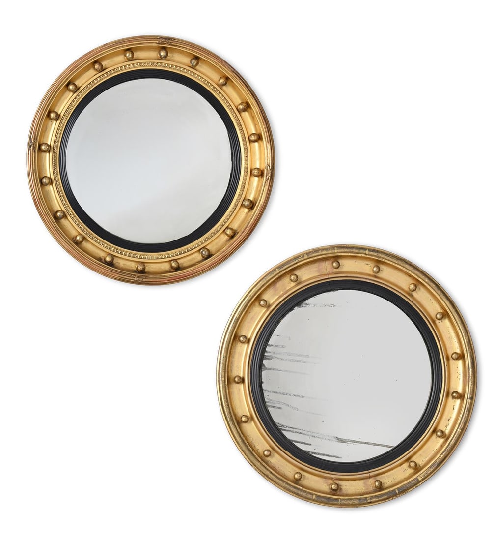 A MATCHED PAIR OF REGENCY GILTWOOD CONVEX MIRRORS, CIRCA 1815 (1 of 6)
