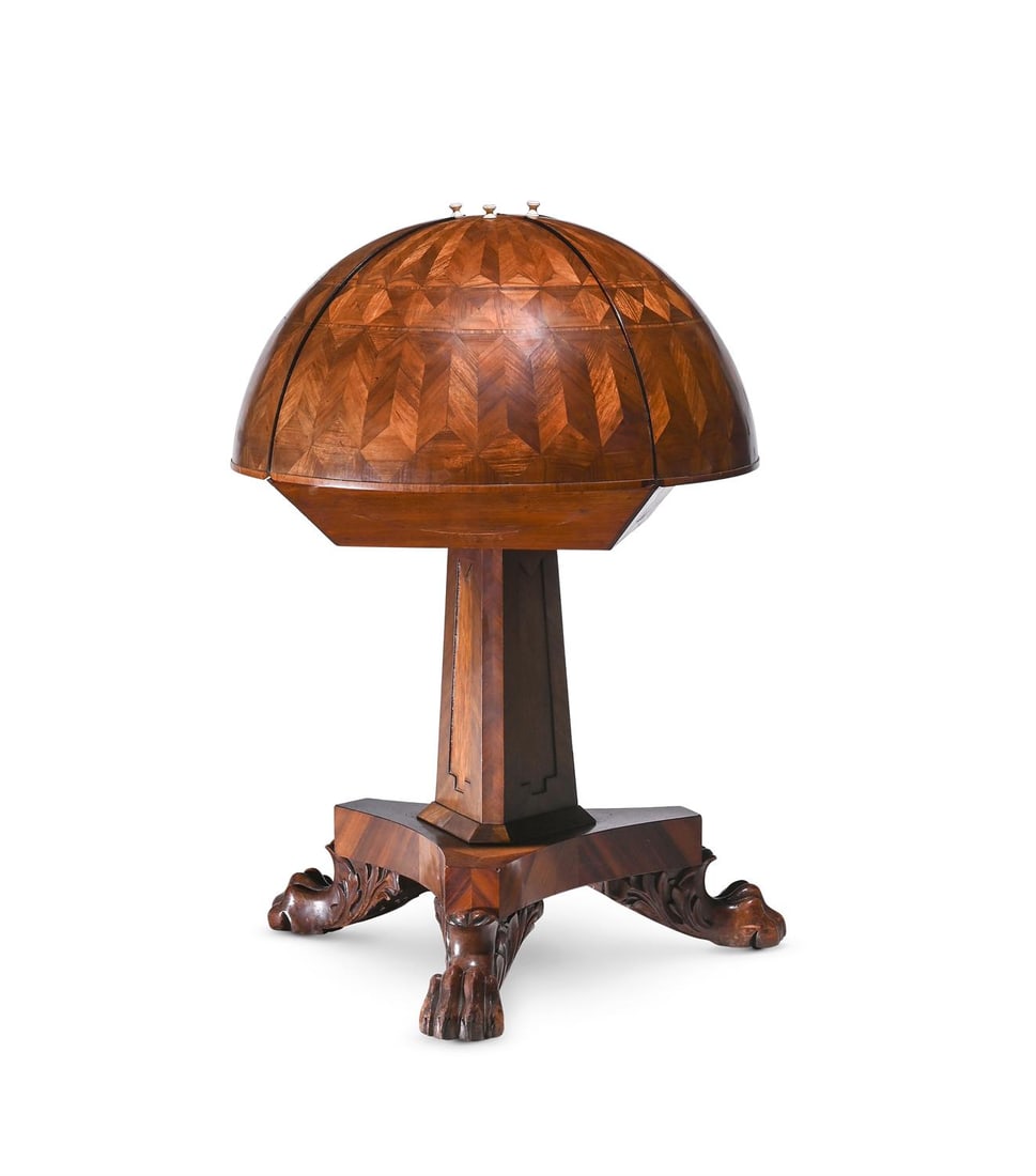 Y AN UNUSUAL GEORGE IV KINGWOOD, MAHOGANY AND GONCALO ALVES FOLDING GLOBE PEDESTAL, CIRCA 1825 (1 of 6)