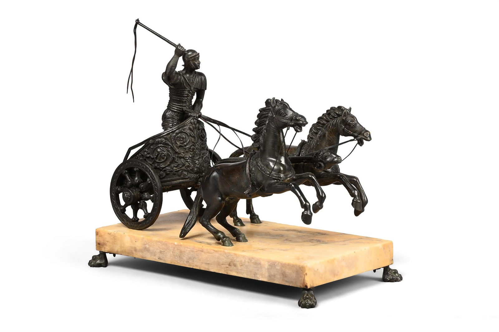 AN ITALIAN BRONZE AND SIENA MARBLE GROUP OF A ROMAN CHARIOTEER, POSSIBLY ROME, 19TH CENTURY: AN ITALIAN BRONZE AND SIENA MARBLE GROUP OF A ROMAN CHARIOTEER POSSIBLY ROME, 19TH CENTURY the chariot 25cm high, the base 29 x 15cm