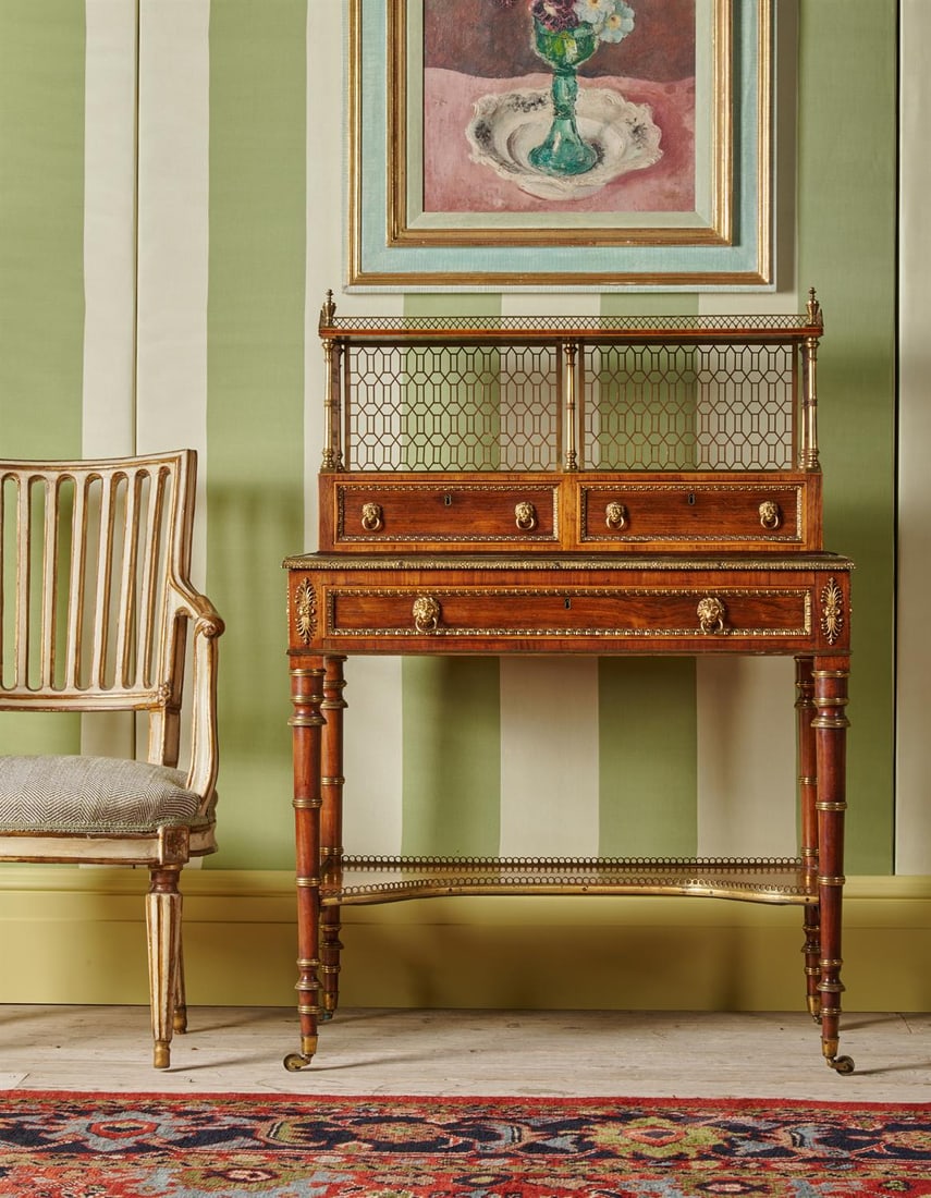 Y A REGENCY ROSEWOOD AND GILT METAL MOUNTED BONHEUR DU JOUR, IN THE MANNER OF JOHN MCLEAN, CIRCA: Y A REGENCY ROSEWOOD AND GILT METAL MOUNTED BONHEUR DU JOUR IN THE MANNER OF JOHN MCLEAN, CIRCA 1815Incorporating boxwood stringing and gilt brass beading, lion mask ring handles and anthemions; the b