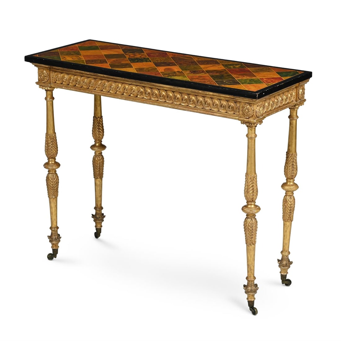 A CARVED GILTWOOD AND SIMULATED SPECIMEN SIDE OR CONSOLE TABLE, IN REGENCY STYLE (1 of 4)