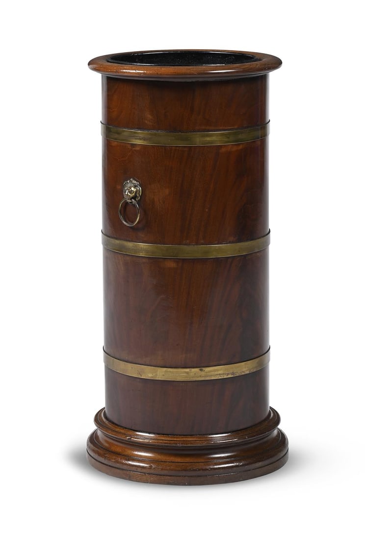 A WILLIAM IV MAHOGANY AND BRASS BOUND CYLINDRICAL STICK STAND, CIRCA 1835 (1 of 3)