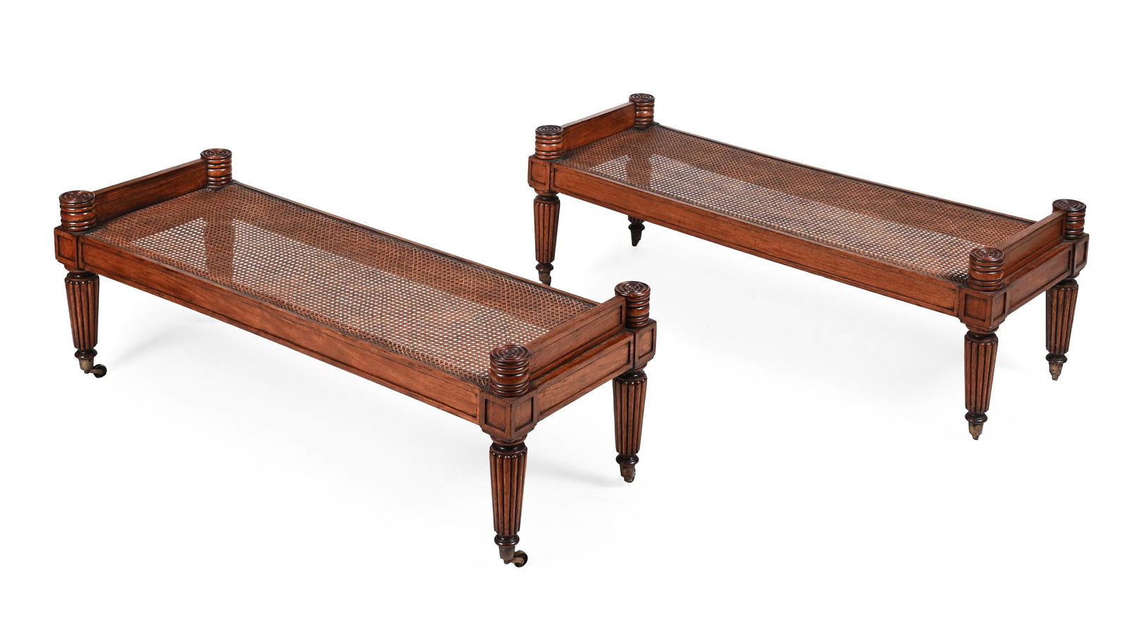 Y A PAIR OF EXOTIC HARDWOOD HALL BENCHES OR WINDOW SEATS, IN THE MANNER OF CHARLES HEATHCOTE TATHAM: Y A PAIR OF EXOTIC HARDWOOD HALL BENCHES OR WINDOW SEATSIN THE MANNER OF CHARLES HEATHCOTE TATHAM, IN REGENCY STYLE, LATE 20TH CENTURY46cm high, 132cm wide, 46cm deep ϒ Indicates that this lot ma