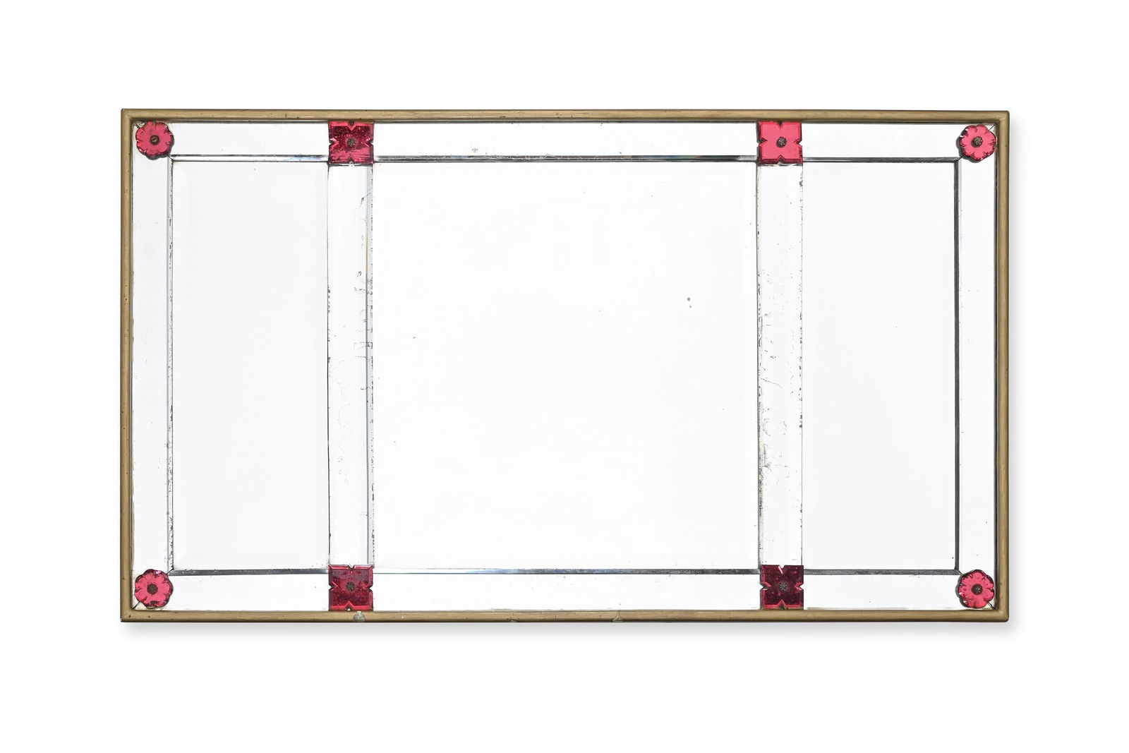 A GILTWOOD AND MARGINAL GLASS TRIPTYCH MIRROR, LATE 19TH OR EARLY 20TH CENTURY: A GILTWOOD AND MARGINAL GLASS TRIPTYCH MIRRORLATE 19TH OR EARLY 20TH CENTURYWith red glass florets to the border 60.5cm high, 104.5cm wide
