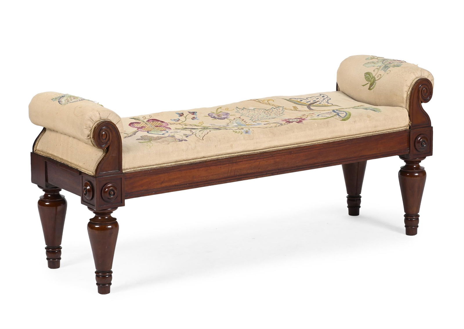 A WILLIAM IV CARVED MAHOGANY AND CREWELWORK HALL BENCH, CIRCA 1835 (1 of 3)