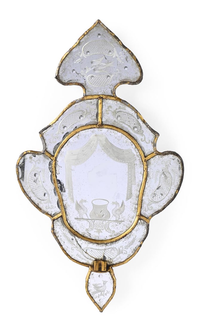 A VENETIAN ETCHED GLASS AND CUT GLASS MIRROR, 18TH CENTURY ELEMENTS AND LATER (1 of 2)