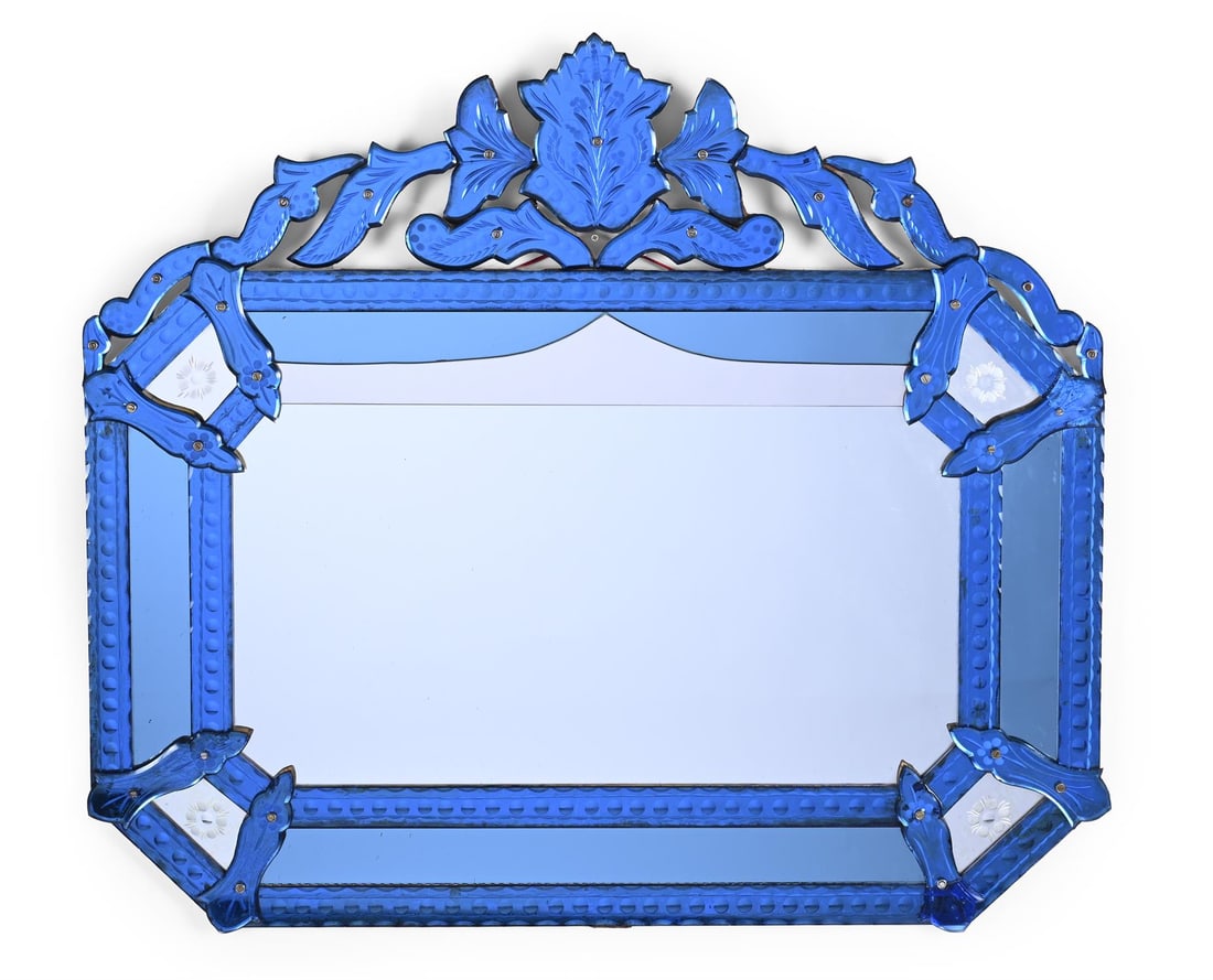 A LARGE BLUE GLASS AND ENGRAVED MIRROR, IN VENETIAN STYLE, 20TH CENTURY (1 of 2)