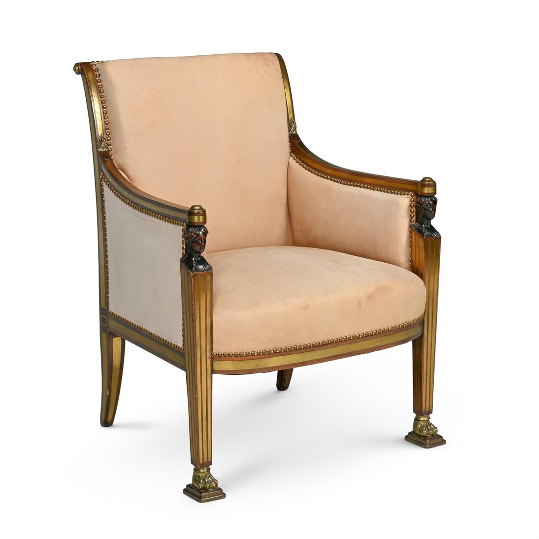 A MAHOGANY, BRASS INLAID AND MOUNTED ARMCHAIR, 19TH CENTURY (1 of 3)