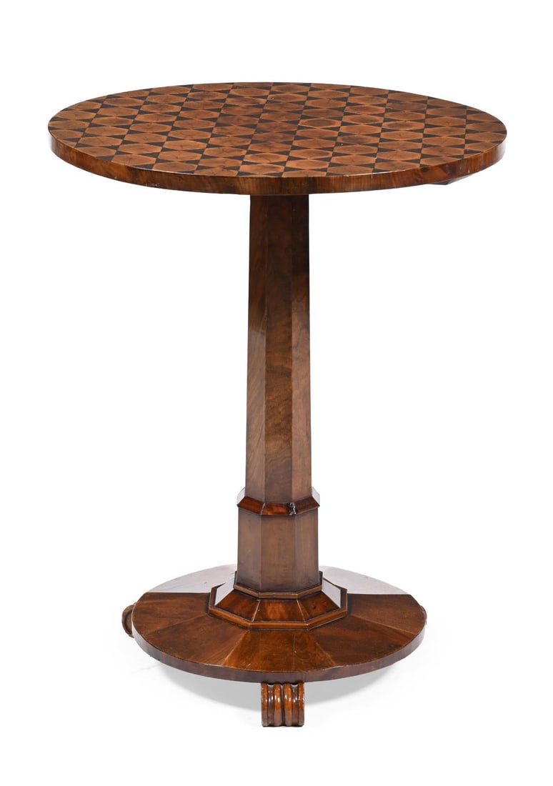 A WILLIAM IV MAHOGANY, YEW WOOD OYSTER AND SNAKEWOOD OCCASIONAL TABLE, CIRCA 1835 (1 of 3)