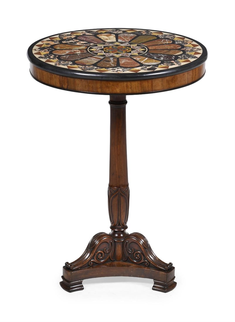 A GEORGE IV MAHOGANY, EBONISED AND GRAND TOUR SPECIMEN MARBLE OCCASIONAL TABLE, CIRCA 1825: A GEORGE IV MAHOGANY, EBONISED AND GRAND TOUR SPECIMEN MARBLE OCCASIONAL TABLE CIRCA 182572cm high, 52cm diameter