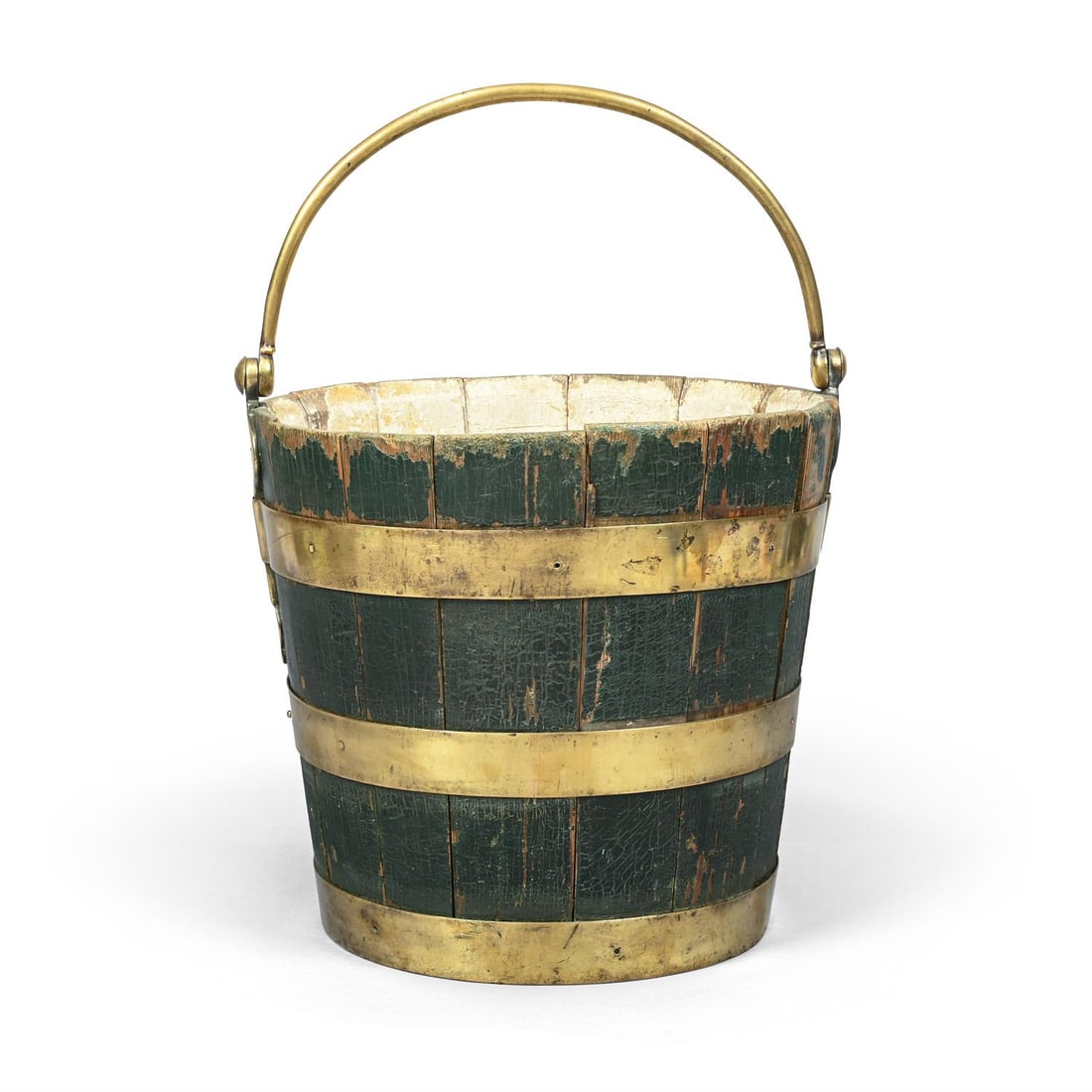 AN UNUSUAL GEORGE III GREEN PAINTED AND BRASS BOUND BUCKET, LATE 18TH OR EARLY 19TH CENTURY: AN UNUSUAL GEORGE III GREEN PAINTED AND BRASS BOUND BUCKETLATE 18TH OR EARLY 19TH CENTURYOf coopered construction, the interior with a gesso finish32cm high, 34cm diameter