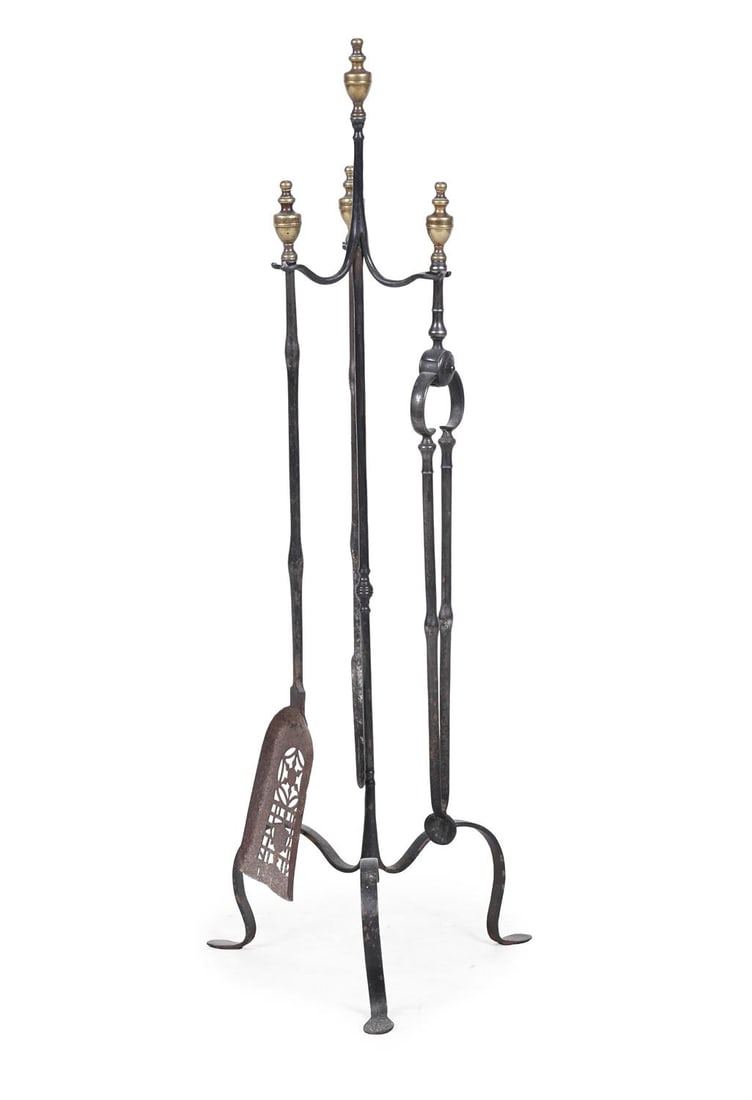 A GEORGE III SET OF THREE WROUGHT IRON FIRE TOOLS ON STAND, LATE 18TH CENTURY (1 of 2)