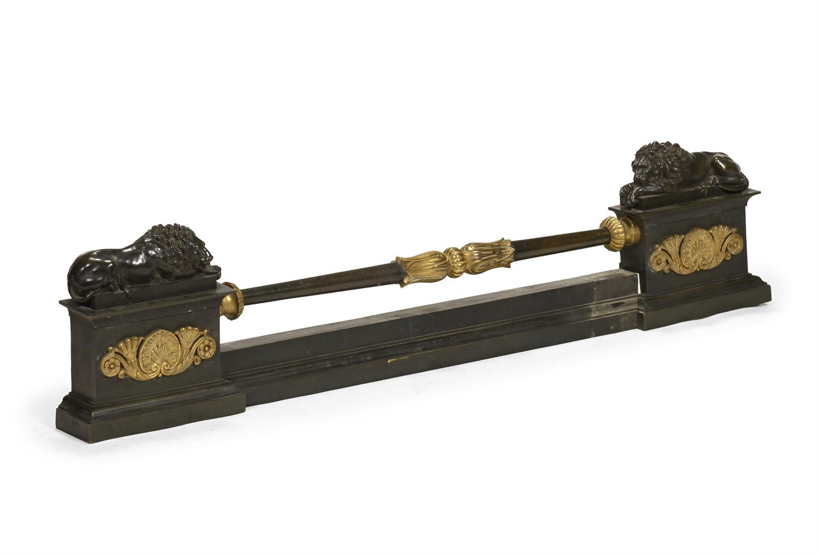 A REGENCY GILT AND PATINATED BRONZE AND IRON FIRE OR KERB FENDER, EARLY 19TH CENTURY (1 of 3)