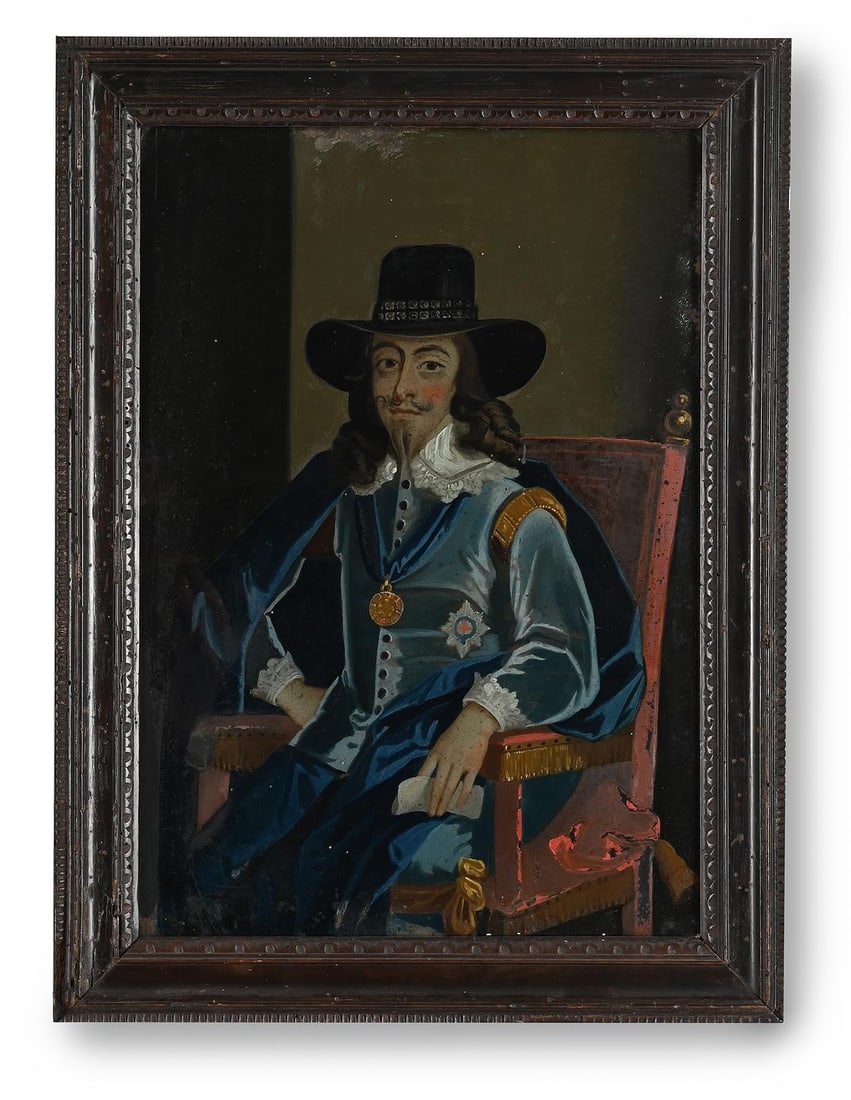 AFTER EDWARD BOWER, A HAND PAINTED REVERSE GLASS PORTRAIT OF CHARLES I, MID TO LATE 18TH CENTURY (1 of 3)