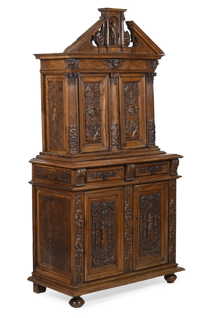 A FRENCH RENAISSANCE CARVED WALNUT CABINET À DEUX CORPS, IN THE MANNER OF HUGHES SAMBIN (1 of 5)