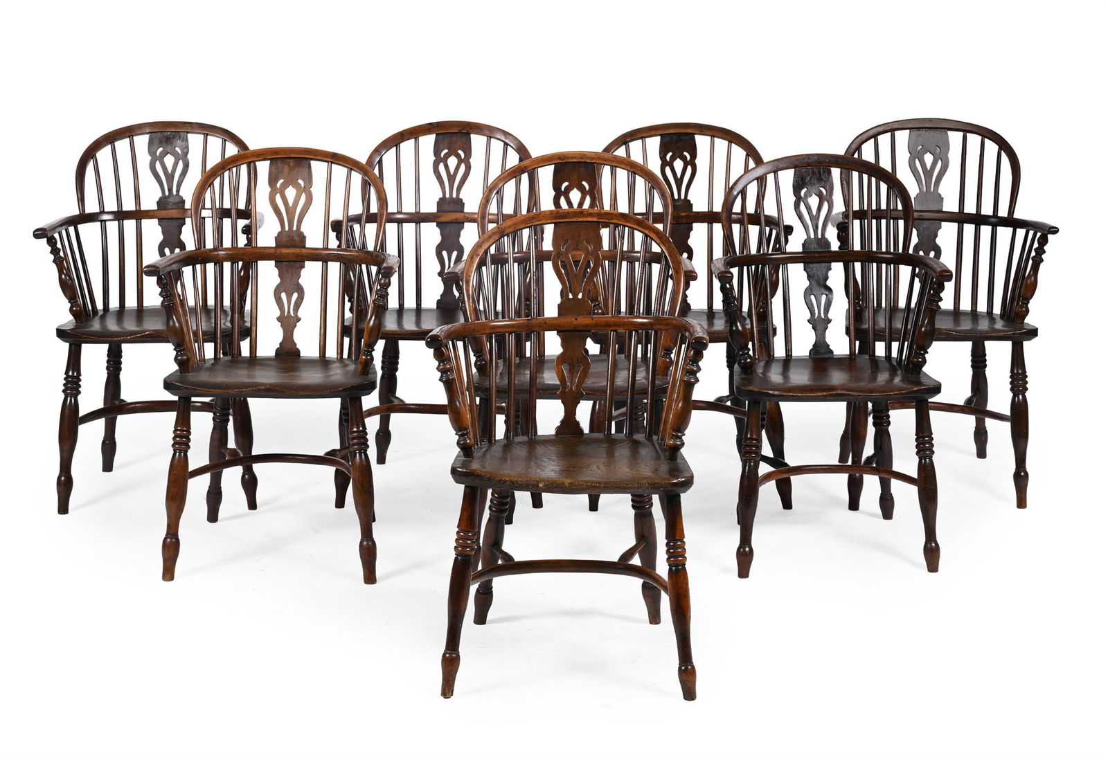 A SET OF EIGHT YEW AND ELM WINDSOR ARMCHAIRS, ATTRIBUTED TO FREDERICK WALKER OF ROCKLEY: A SET OF EIGHT YEW AND ELM WINDSOR ARMCHAIRSATTRIBUTED TO FREDERICK WALKER OF ROCKLEY, NOTTINGHAMSHIRE, CIRCA 185092cm high, 53cm wide, 45cm deep
