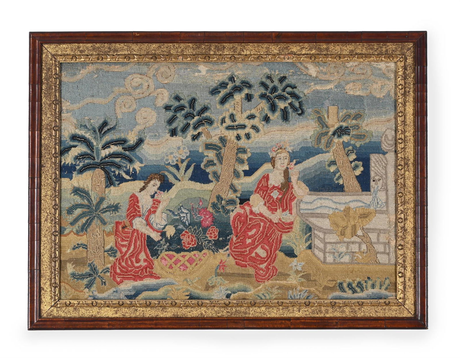 A GEORGE II NEEDLEWORK PICTURE 'REBECCA AT THE WELL', CIRCA 1750 (1 of 3)