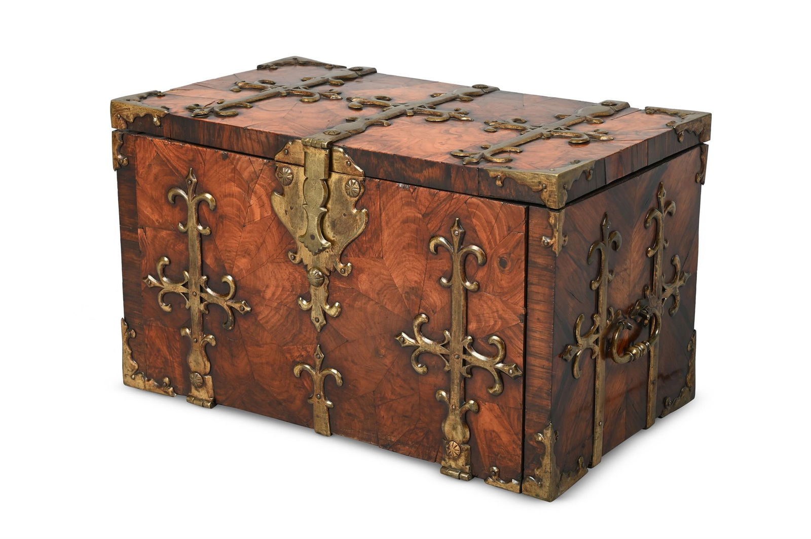 Y A WILLIAM & MARY WALNUT OYSTER, ROSEWOOD AND GILT METAL MOUNTED COFFRE FRONT OR STRONGBOX (1 of 4)