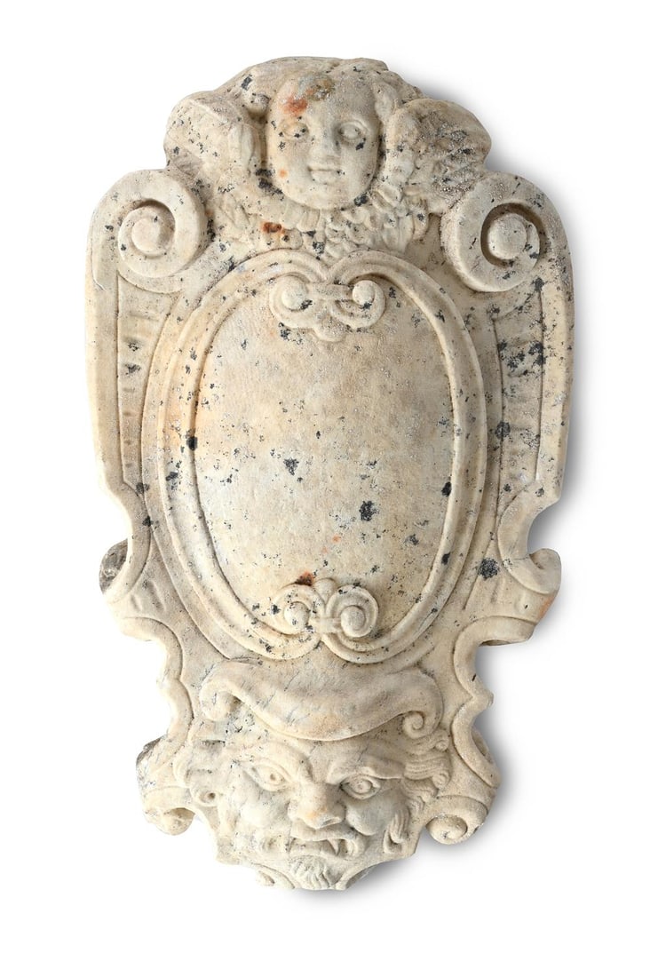 A CARVED WHITE MARBLE ARMORIAL OR MEMORIAL CARTOUCHE, LATE 17TH CENTURY (1 of 4)